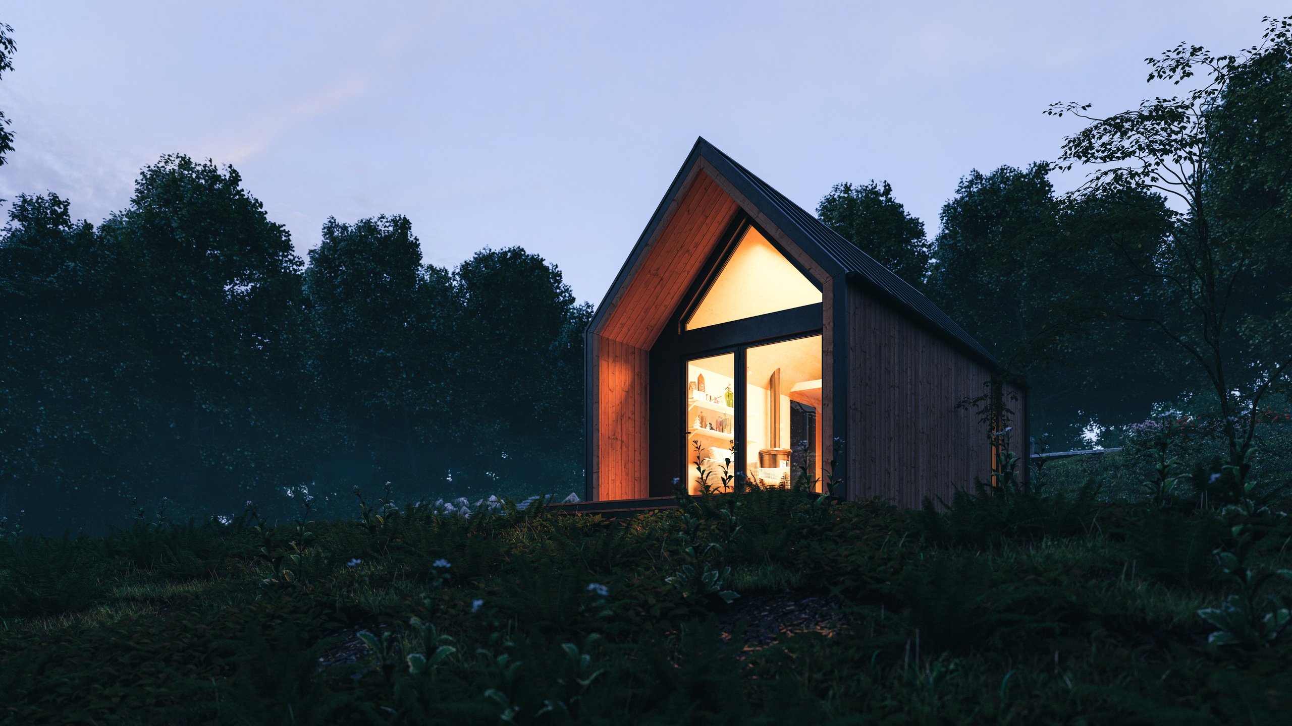 Modern Tiny House Exterior At Night